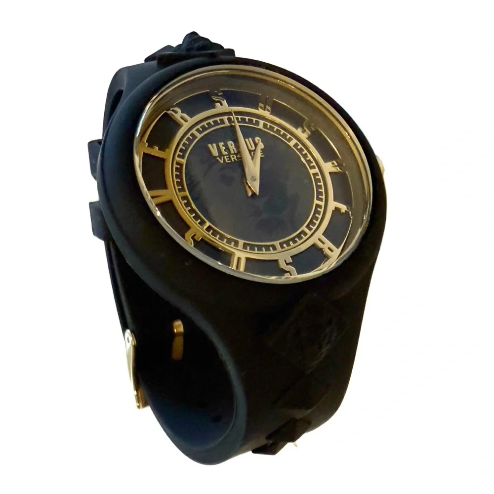 VERSACE Versus Versace Black Gold Lion Head Stainless Steel & Silicone Watch NWT - Picture 2 of 13
